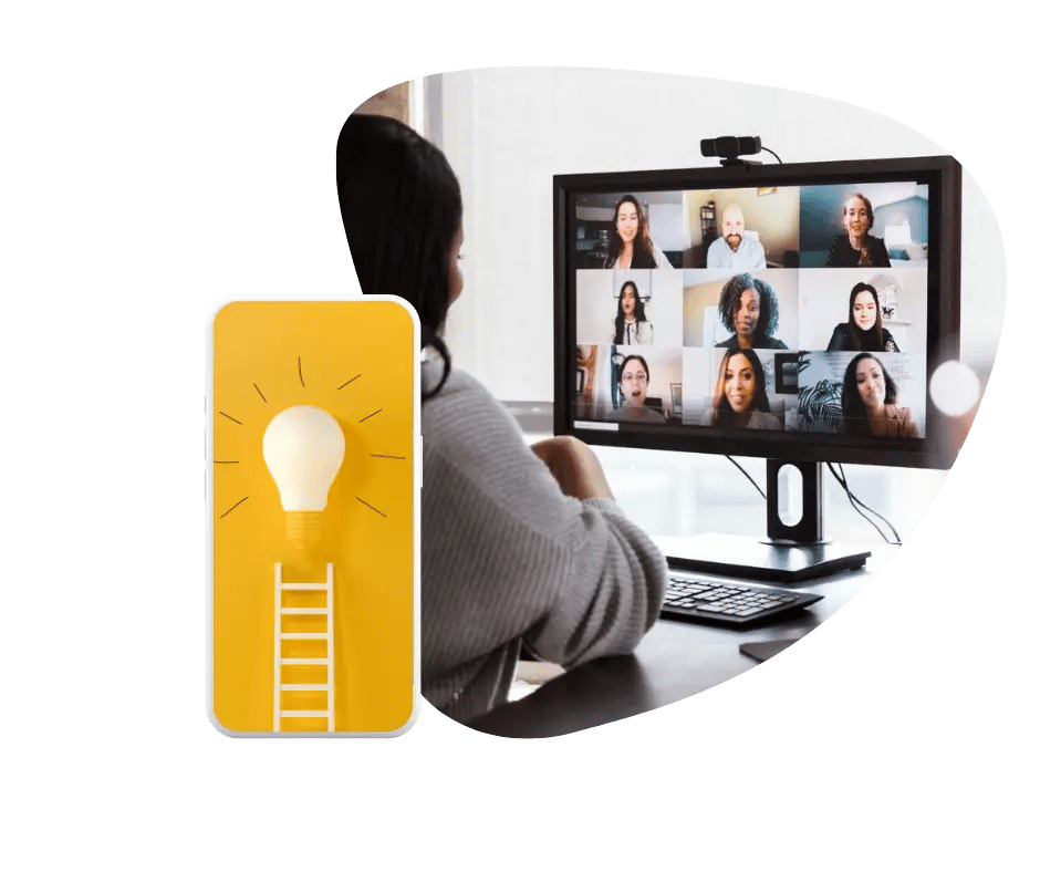 Online meeting photo image with idea graphic displayed on mobile phone