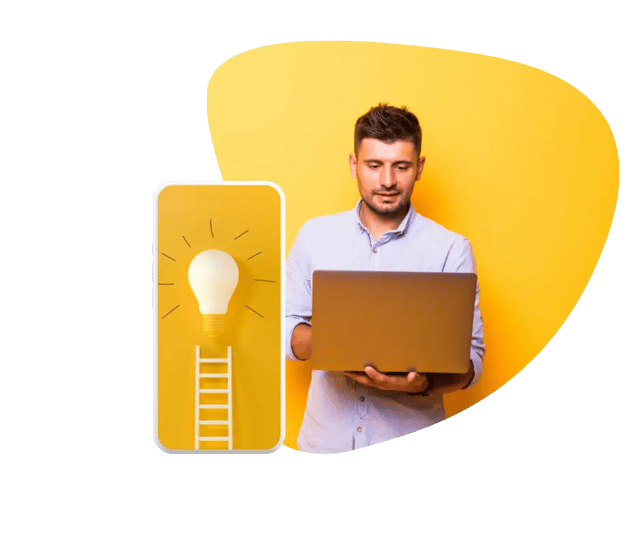 Man holding laptop with yellow background and idea icon
