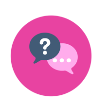 Pink circle background with question mark and comments icons