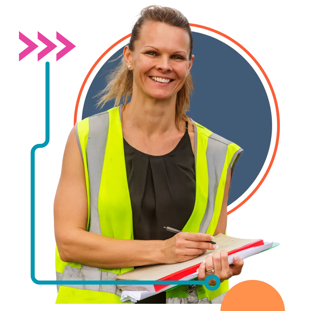 Woman in high vis holding paperwork
